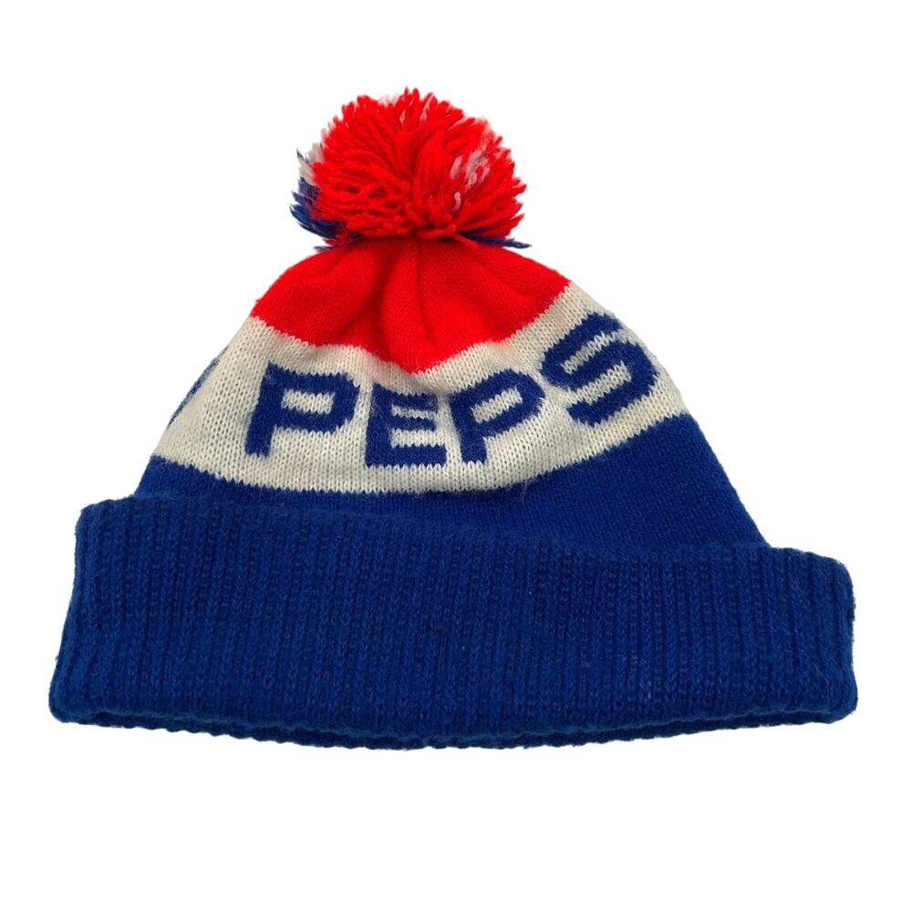 Vintage Pepsi Cola Pom Pom Ski Beanie Knit Hat 70s 80s Retro Striped Americana